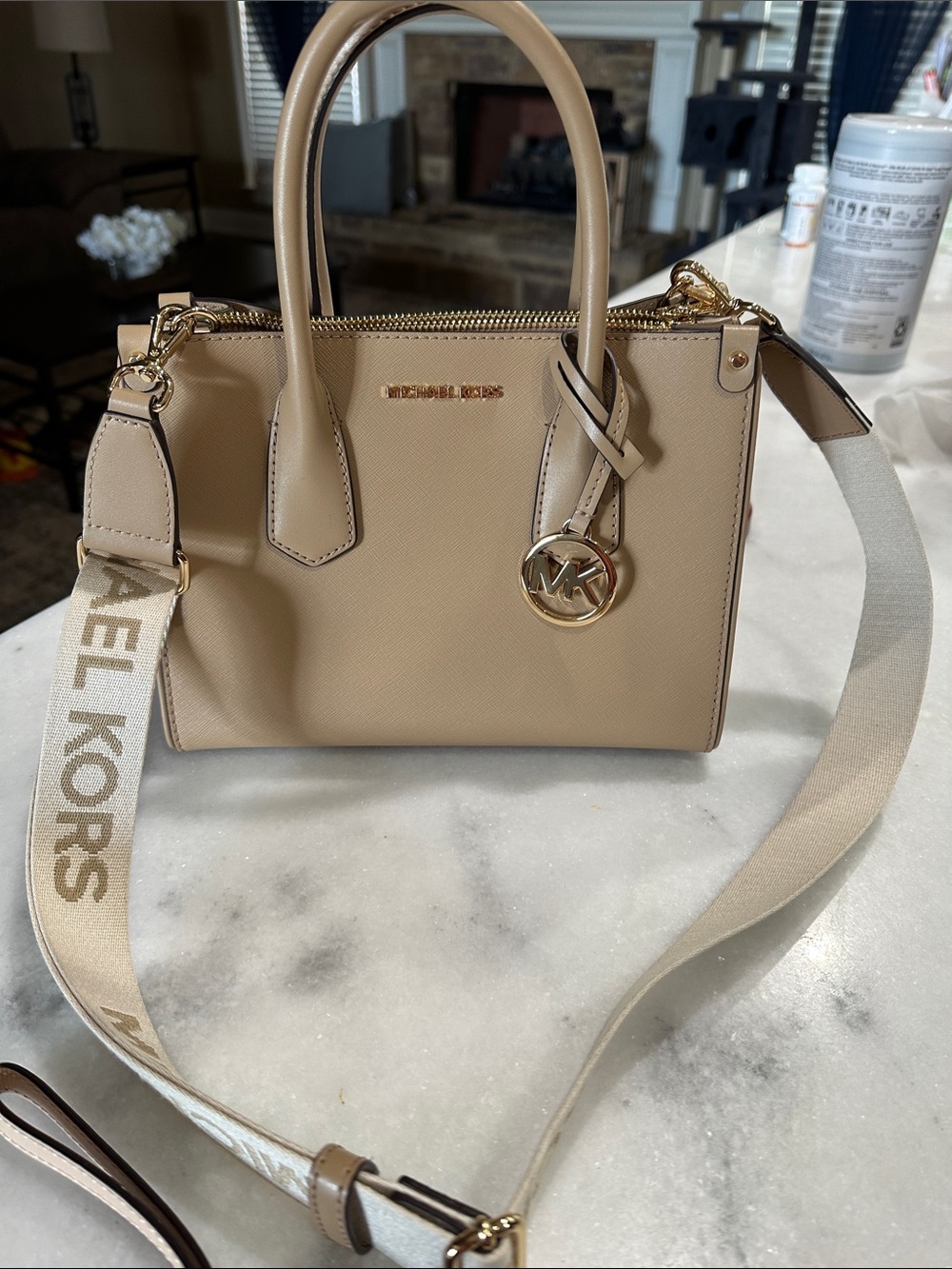 Michael Kors Neutral Beige Saffiano Satchel with Logo Strap
